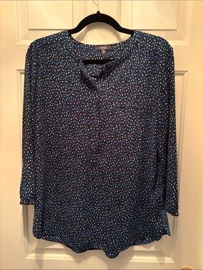 NYDJ Navy Blue Printed Long-Sleeve Blouse with Light Blue Accents